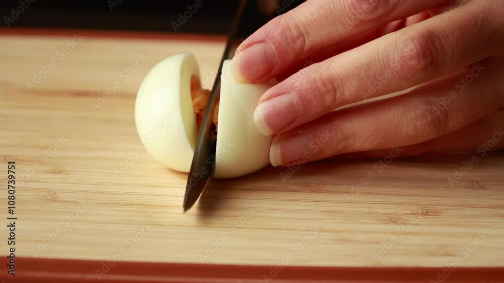 Slicing Hard-Boiled Egg on Wooden Board Close-Up