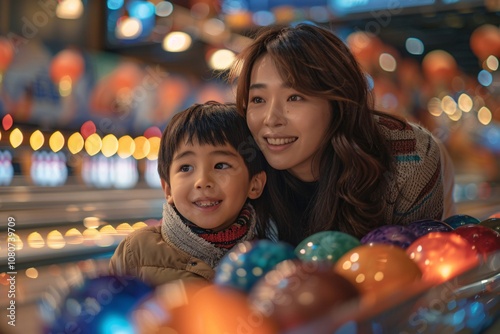 A mother smiles brightly while standing close to her young son at an arcade filled with colorful lights and interactive games. The atmosphere is lively and cheerful, perfect for family fun photo