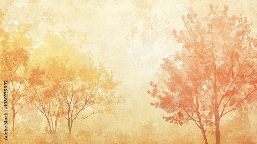 Fototapeta premium Warm watercolor trees scattered leaves on aged textured backdrop