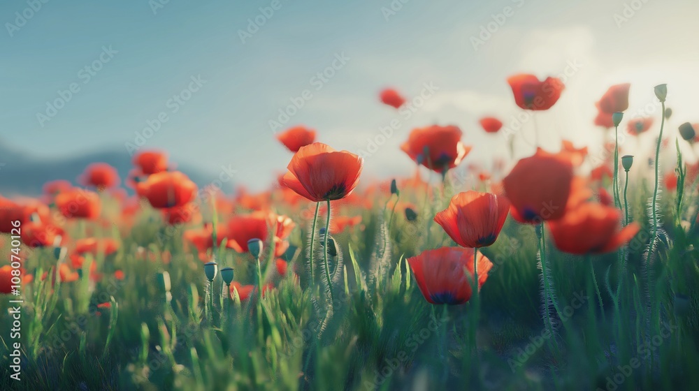 Fototapeta premium A vibrant field of red poppies swaying gently in the breeze under a clear blue sky.