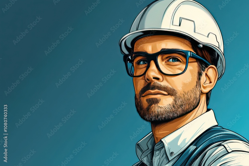 Confident male engineer wearing safety helmet and glasses, showcasing professionalism and expertise in construction or engineering industry with blue background Confident male engineer wearing safety helmet and glasses, showcasing professionalism and expertise in construction or engineering industry with blue background