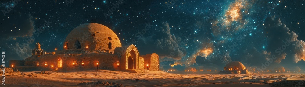 Explore the timeless beauty of an african mudbrick mosque adorned with woven lanterns under a starry sky Explore the timeless beauty of an african mudbrick mosque adorned with woven lanterns under a starry sky