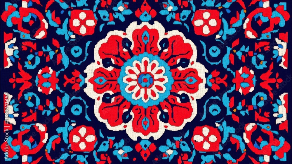 Traditional persian carpet pattern with bold red, blue, and white floral designs Traditional persian carpet pattern with bold red, blue, and white floral designs