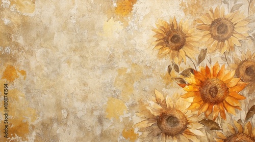 Soft sunflowers gold-orange petals melting into rustic grunge