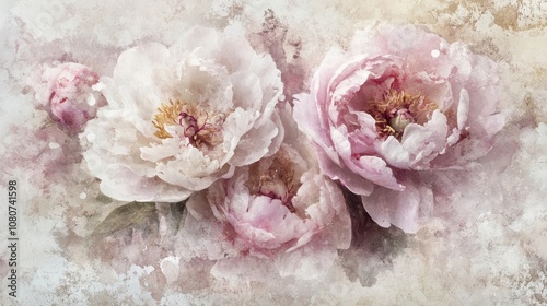 Fototapeta Naklejka Na Ścianę i Meble -  Serene peonies soft pastels blending into lightly weathered grunge