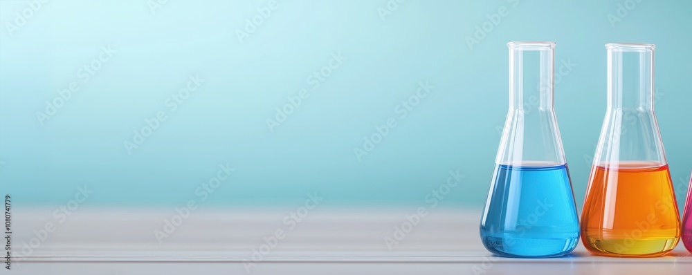 Concept of Educational Skills Assessment. Two laboratory flasks filled with blue and orange liquids are positioned on a wooden surface against a smooth, light blue background. Concept of Educational Skills Assessment. Two laboratory flasks filled with blue and orange liquids are positioned on a wooden surface against a smooth, light blue background.