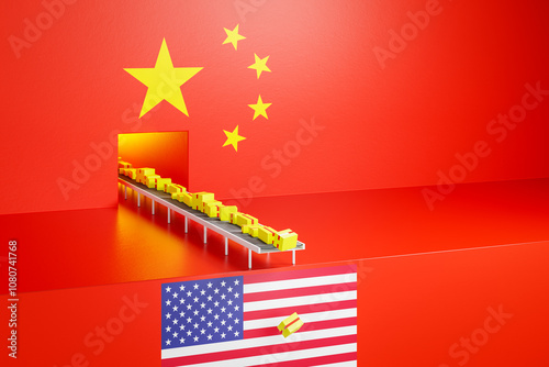Trade between China and United States of America concept: China dumps lots of cheap products into the US. Many packages falling off at the end of a production line to the US. Trade deficit, trade war.