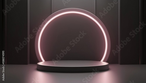 Dark podium pink neon 3D render background, advertising display with blank backdrop