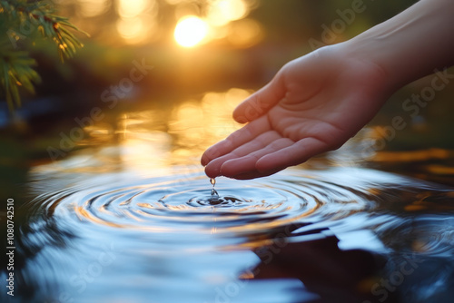 A hand gently interacts with water, forming circular ripples in the warm glow of the setting sun. photo