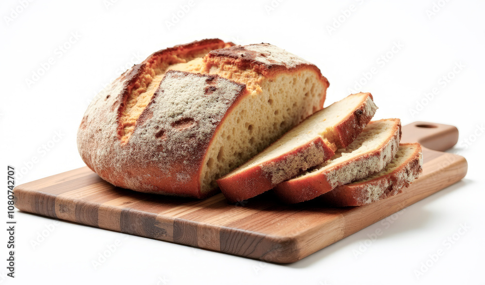 chopped rye rustic bread with a crispy crust on a board on a white background chopped rye rustic bread with a crispy crust on a board on a white background