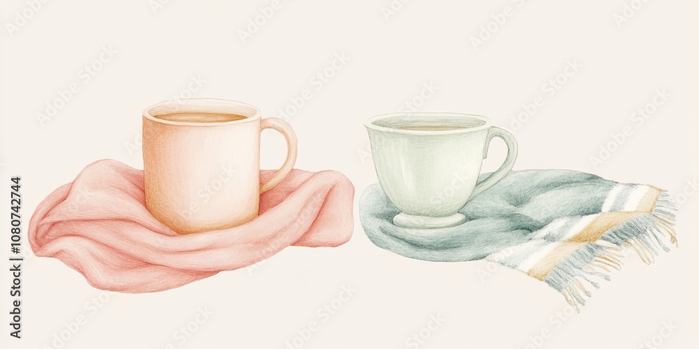 Two cups of coffee are sitting on a blanket. One cup is pink and the other is white Two cups of coffee are sitting on a blanket. One cup is pink and the other is white