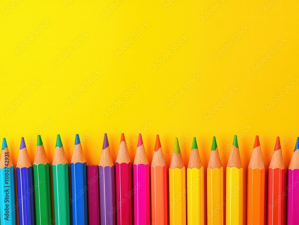 education lesson assessment concept. A vibrant row of colored crayons against a bright yellow background, showcasing a spectrum of colors perfect for creative projects.