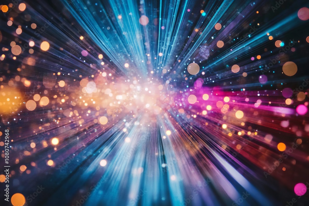 Fototapeta premium Dynamic abstract light burst with colorful bokeh, perfect for creative backgrounds and artistic designs.