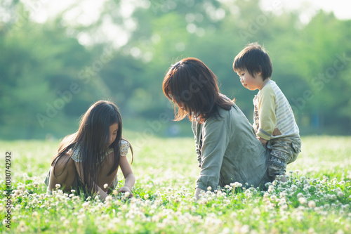 シロツメクサの花畑で遊ぶ親子	