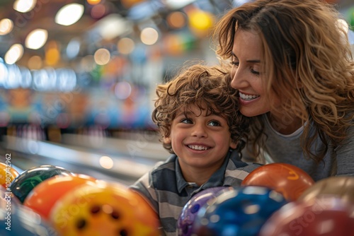 A mother shares a joyful moment with her son as they explore a variety of colorful bowling balls at a vibrant bowling alley filled with playful energy and bright lights