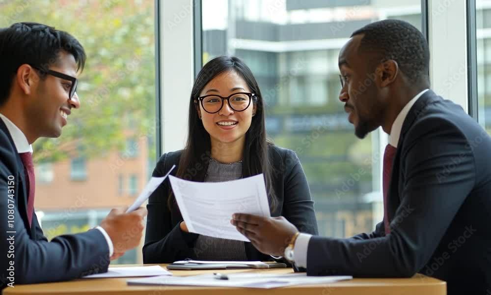 A diverse group of three business professionals are having a meeting at a table, with one woman speaking and her colleagues listening intently. A diverse group of three business professionals are having a meeting at a table, with one woman speaking and her colleagues listening intently.