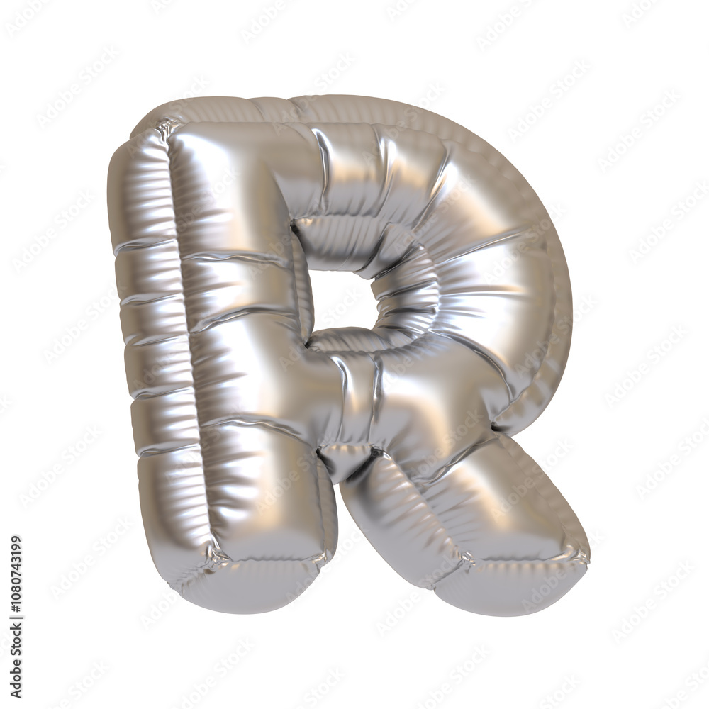 Metallic silver foil balloon in the shape of the letter R, isolated on a white background, perfect for party and event decoration. 3D render illustration Metallic silver foil balloon in the shape of the letter R, isolated on a white background, perfect for party and event decoration. 3D render illustration