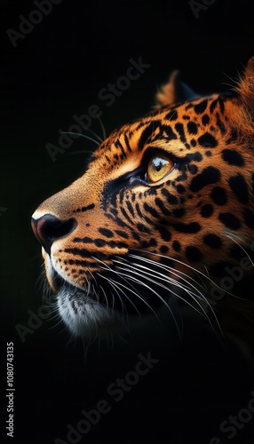 Close-up portrait of a leopard against a dark background, showcasing its striking features.