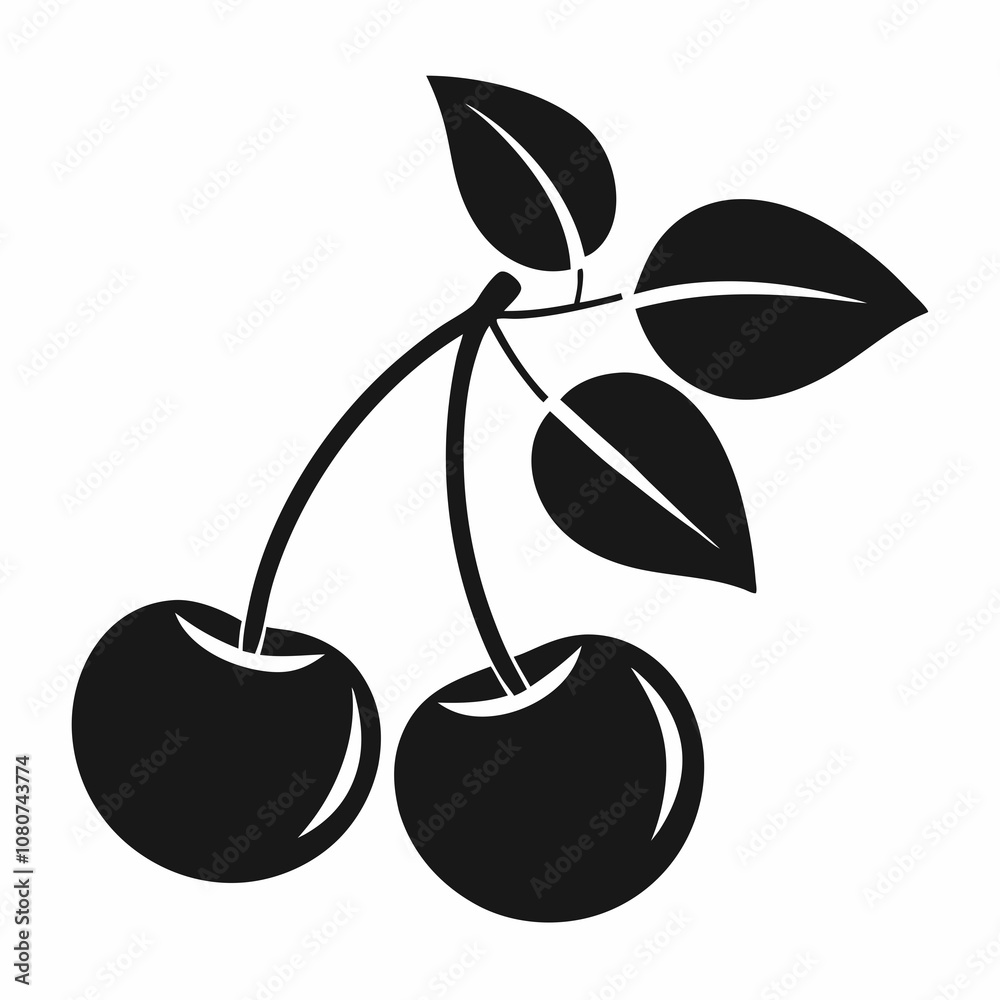 Cherry Silhouette with Leaves on White Background Cherry Silhouette with Leaves on White Background