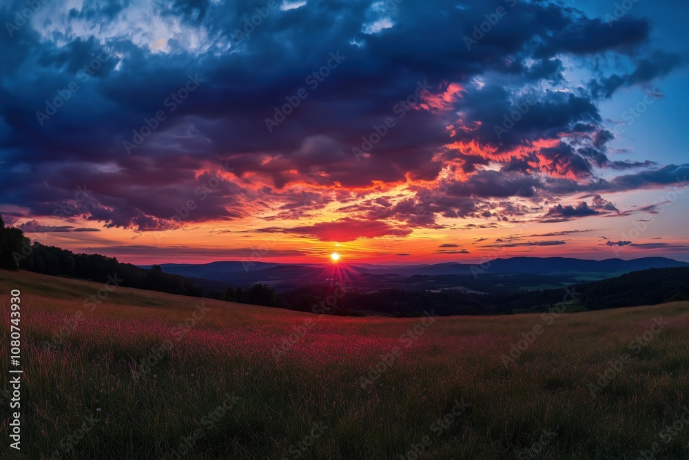 Stunning sunset over rolling hills, vibrant colors, dramatic clouds, expansive meadow, serene landscape, nature's beauty Stunning sunset over rolling hills, vibrant colors, dramatic clouds, expansive meadow, serene landscape, nature's beauty