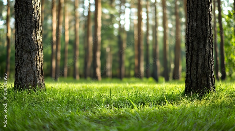 Lush green grass under tall trees in a serene forest atmosphere. Lush green grass under tall trees in a serene forest atmosphere.