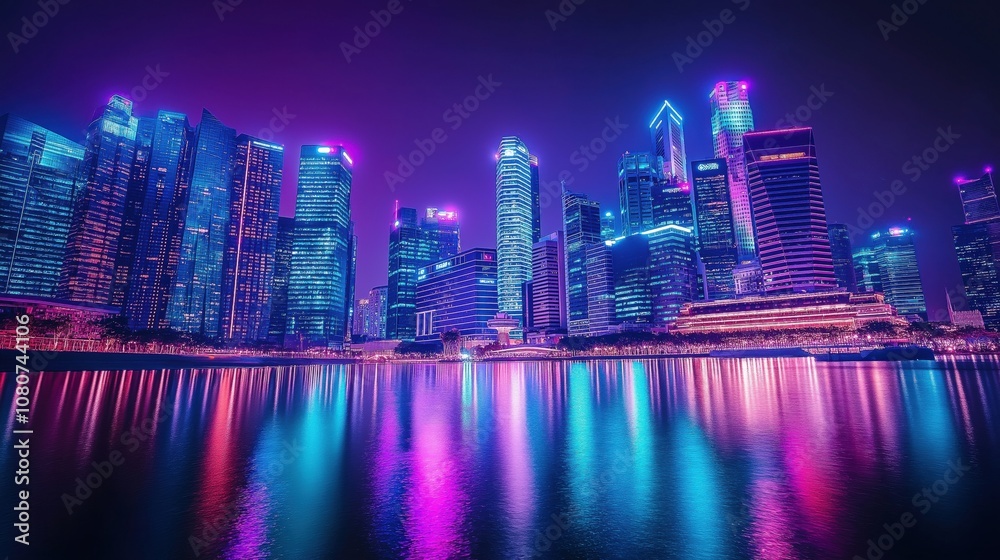 Fototapeta premium A vibrant city skyline illuminated by colorful lights reflecting on the water.