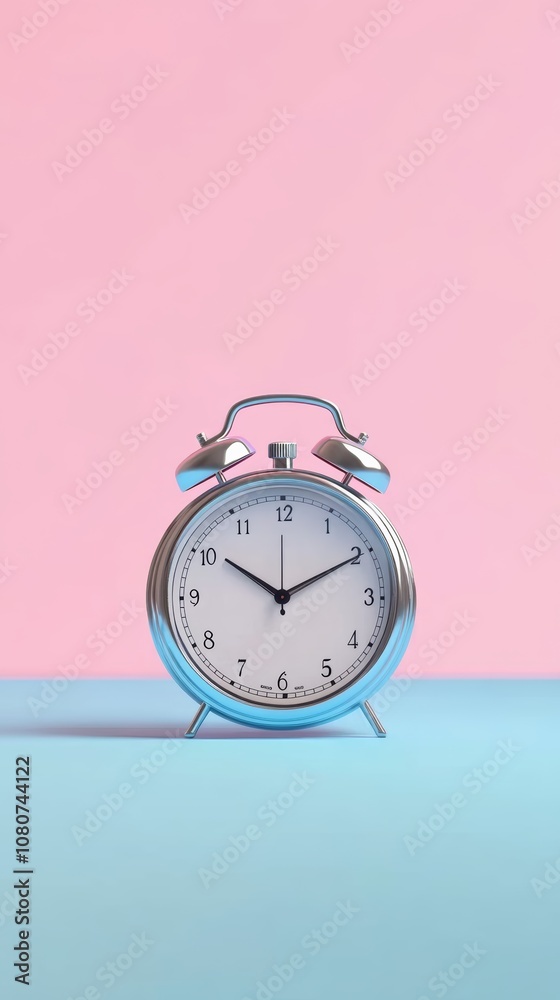 Silver alarm clock standing on a vibrant two tone pink and blue background, its hands indicating the relentless march of time in a minimalist and colorful composition Silver alarm clock standing on a vibrant two tone pink and blue background, its hands indicating the relentless march of time in a minimalist and colorful composition