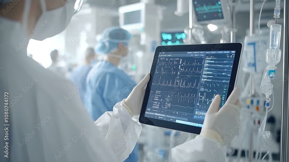 Medical professional monitoring patient data on a tablet in a hospital environment. Medical professional monitoring patient data on a tablet in a hospital environment.