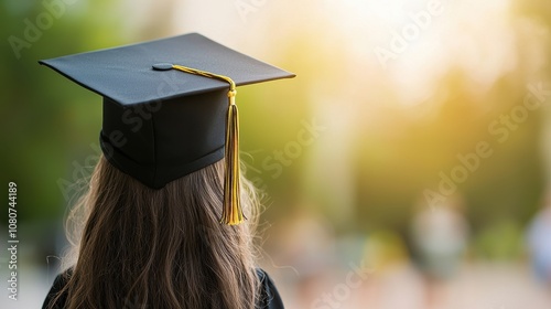 A graduating student in a cap and gown stands outdoors, gazing toward a bright, hopeful future, celebrating achievements with a sense of accomplishment.