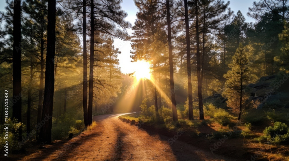 Fototapeta premium Golden Sunrise Illuminates a Tranquil Pine Forest