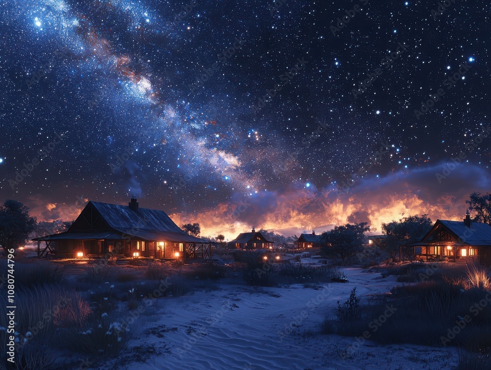 Experience the magic of the australian outback with rustic huts illuminated by lanterns at night Experience the magic of the australian outback with rustic huts illuminated by lanterns at night