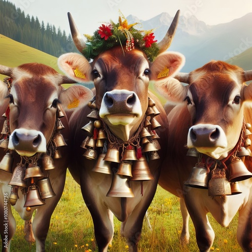 Bovine Bonanza Cows celebrate with a festival of bells and pastu photo