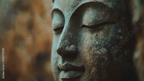 Close-up of peaceful Buddha face in stone, blurred background, earthy tones,