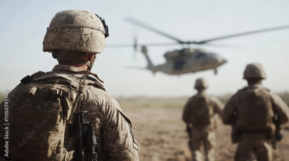 Soldiers in full gear, with a helicopter overhead, engage in a dynamic military operation on a dusty landscape, showcasing teamwork and readiness. Soldiers in full gear, with a helicopter overhead, engage in a dynamic military operation on a dusty landscape, showcasing teamwork and readiness.