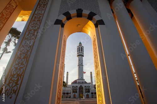 The beauty of the Mujahidin Grand Mosque (Masjid Raya Mujahidin) at dusk. This mosque is the largest mosque and center for Islamic studies in Pontianak City, West Kalimantan, Indonesia. photo