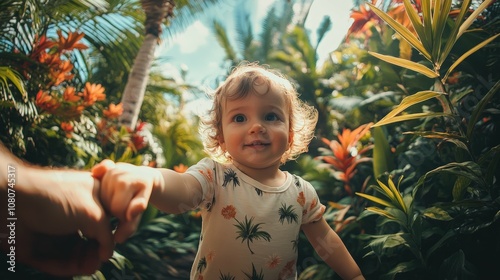 Wallpaper Mural little child in nature, holding an adult hand, surrounded by tropical plants and flowers, fisheye perspective, Torontodigital.ca
