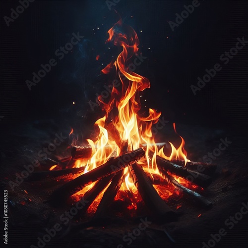 Campfire Flames Dancing in Darkness Close up of flickering campf photo