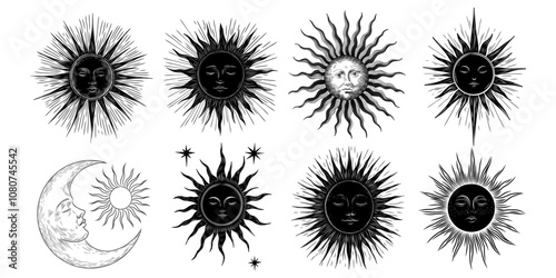 Vector illustration set of moon phases. Different stages of moonlight activity in vintage engraving style. Zodiac Signs