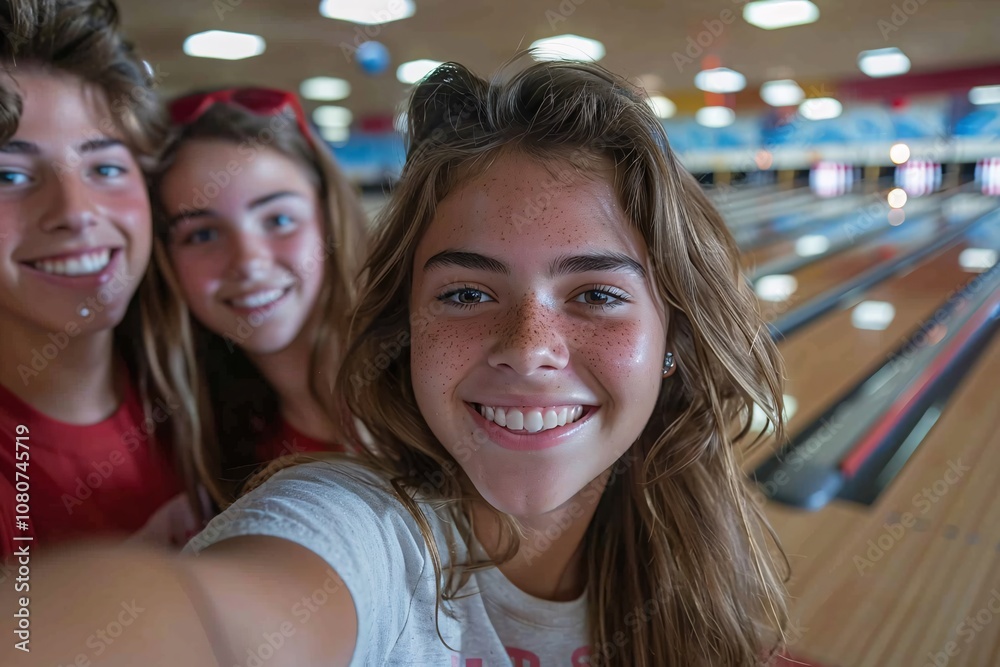 A group of teenagers smiles brightly as they take a selfie in the vibrant atmosphere of a bowling alley. The scene reflects their joy and friendship during an exciting outing A group of teenagers smiles brightly as they take a selfie in the vibrant atmosphere of a bowling alley. The scene reflects their joy and friendship during an exciting outing