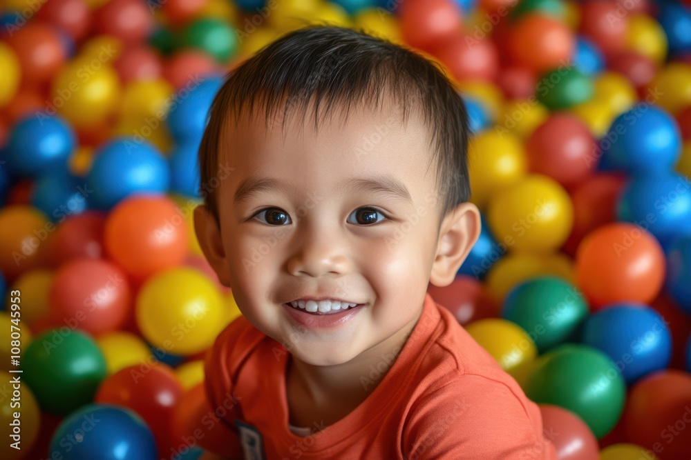 Smiling child in ball pit at indoor playground, family vacation close-up Smiling child in ball pit at indoor playground, family vacation close-up