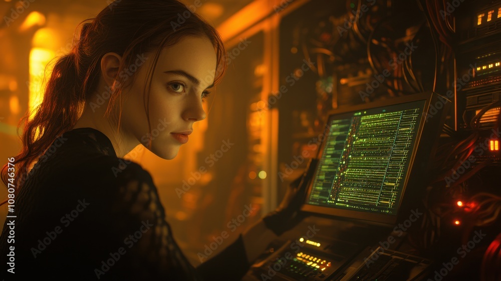 A Young Female Coder Engaged in Programming with Futuristic Technology Surrounded by Intricate Computer Parts and Soft Yellow Lighting in an Ambient Setting A Young Female Coder Engaged in Programming with Futuristic Technology Surrounded by Intricate Computer Parts and Soft Yellow Lighting in an Ambient Setting