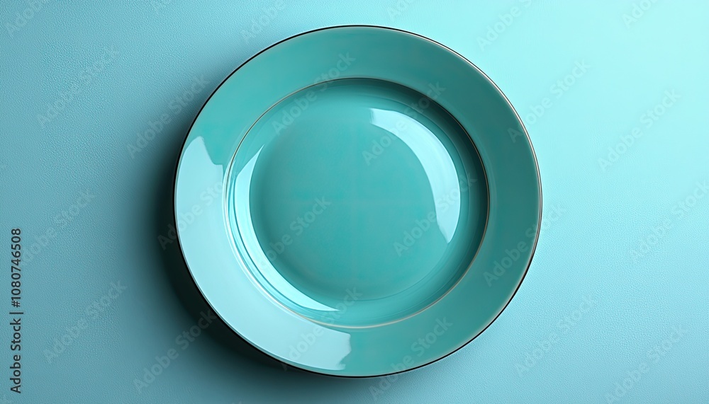 Empty turquoise plate on a table. Perfect for displaying food or adding a pop of color to your design. Empty turquoise plate on a table. Perfect for displaying food or adding a pop of color to your design.