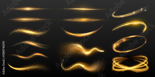 Set of abstract gold glitter wave, shiny stardust explosion, golden lighting sparkle trail, magic glow light effect and futuristic 3d glowing spiral or circle shape on dark transparent background.