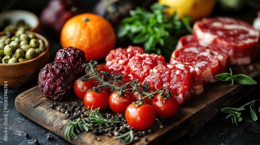 Fresh ingredients on a wooden board for a culinary preparation. Fresh ingredients on a wooden board for a culinary preparation.