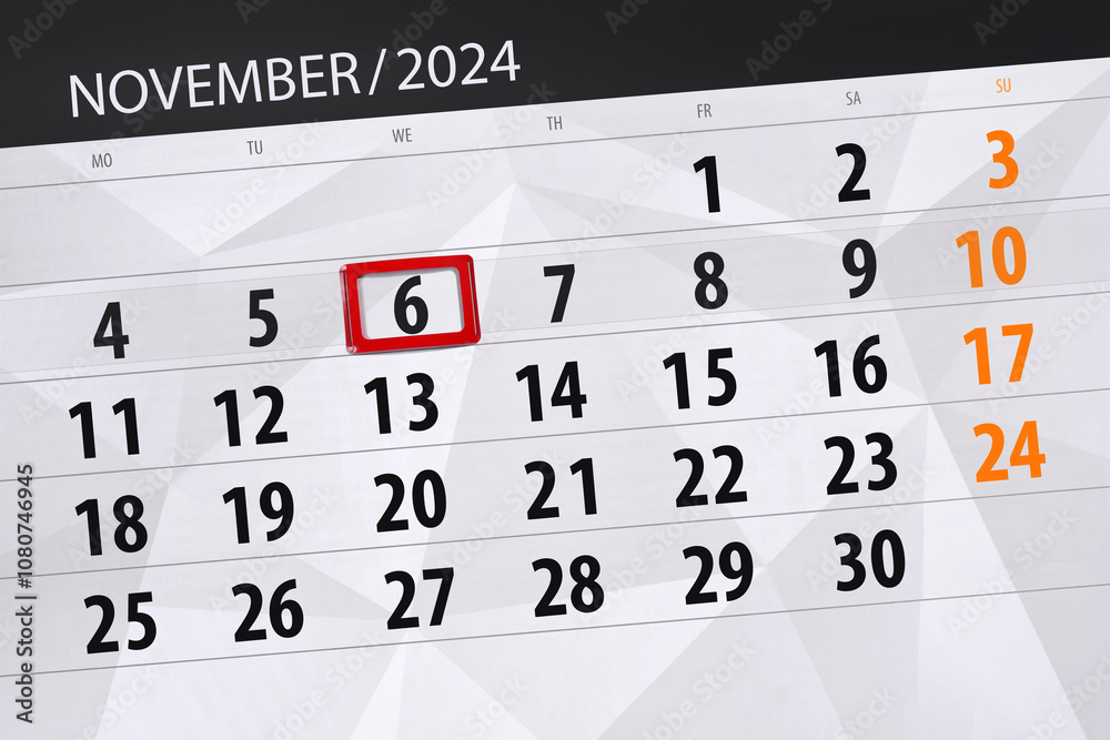 Obraz premium Calendar 2024, deadline, day, month, page, organizer, date, November, wednesday, number 6
