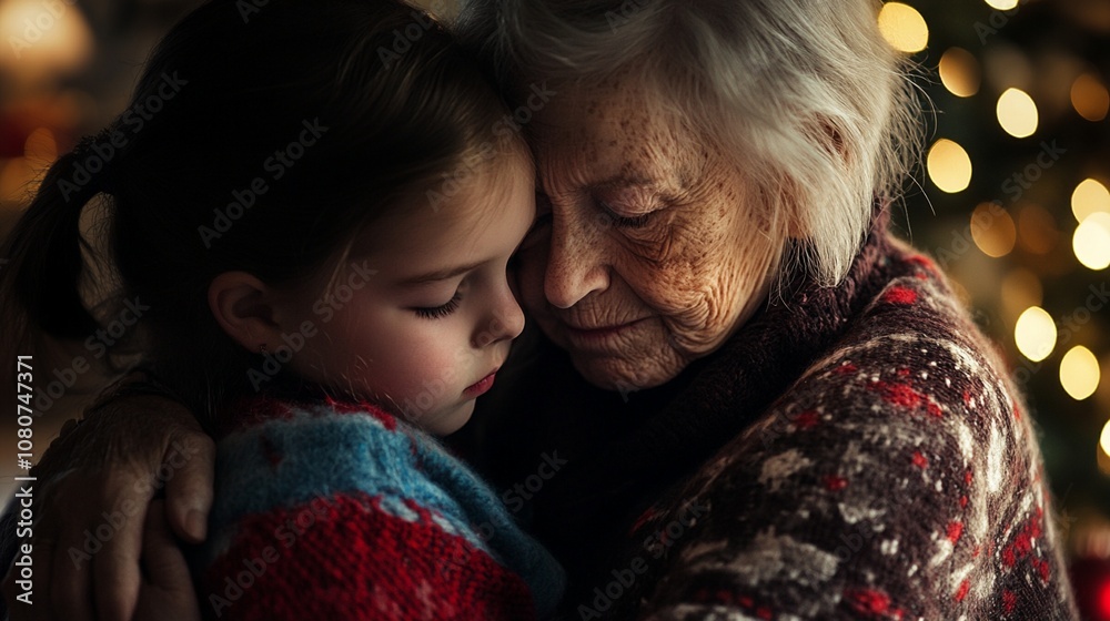 Tender moment captured between generations: young girl and elderly woman embrace, their faces close, against a warm background of soft holiday lights. Tender moment captured between generations: young girl and elderly woman embrace, their faces close, against a warm background of soft holiday lights.