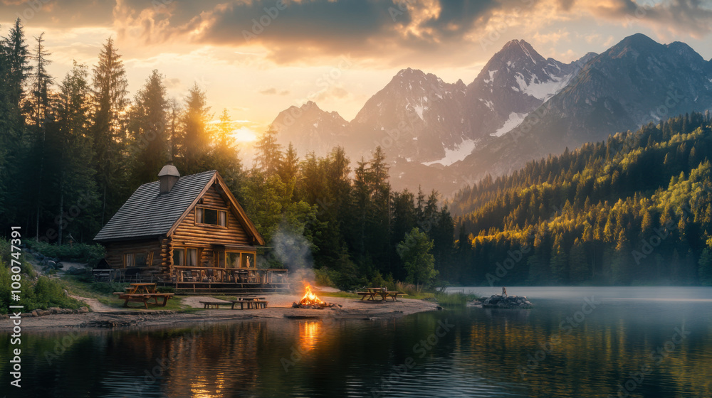 Fototapeta premium Cozy cabin by the tranquil lake with a campfire glowing at sunset in a forested mountain landscape