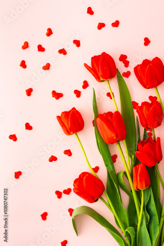 Fresh red tulips and hearts on pink background, concept of spring and holidays or Valentine's Day, top view, copy space