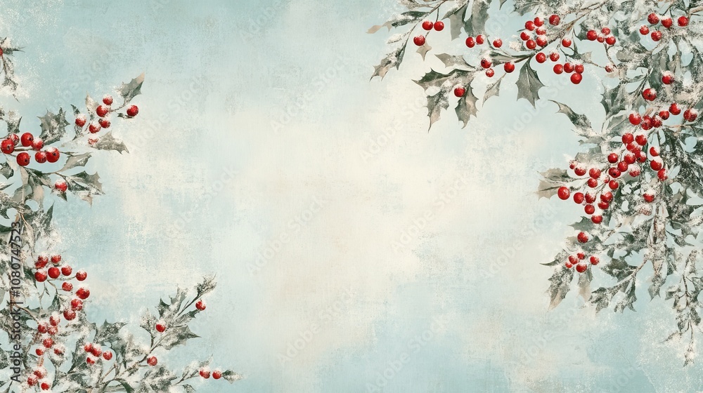 Snowy Holly Sprigs with Red Berries against a Blue Background Snowy Holly Sprigs with Red Berries against a Blue Background