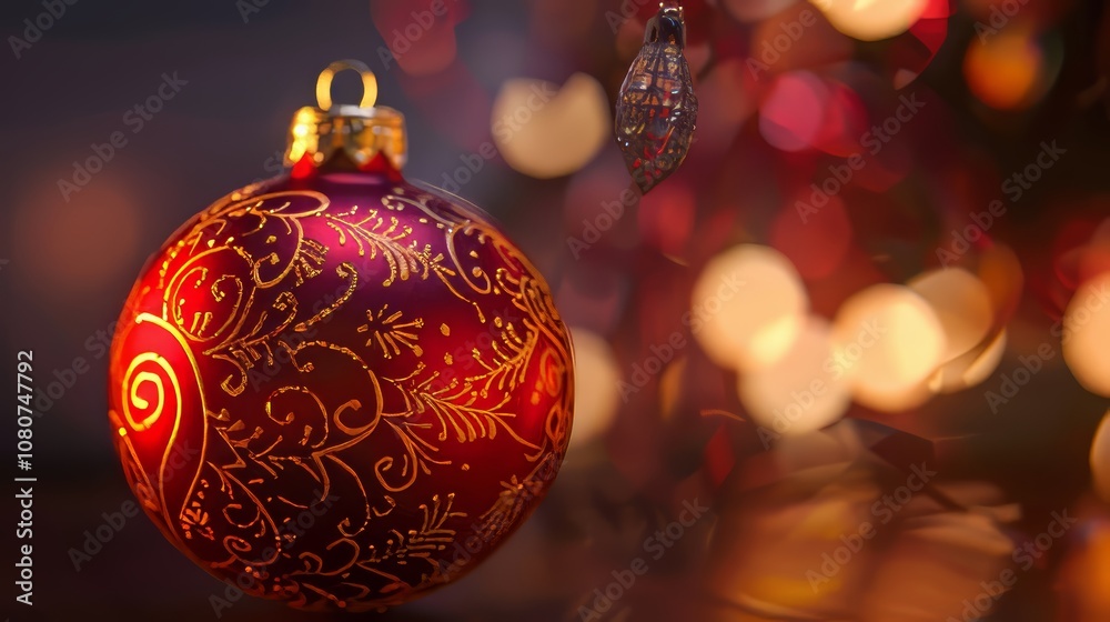 A red ornament with gold designs sits on a table. It is surrounded by a blurry background. The ornament is the main focus of the image A red ornament with gold designs sits on a table. It is surrounded by a blurry background. The ornament is the main focus of the image